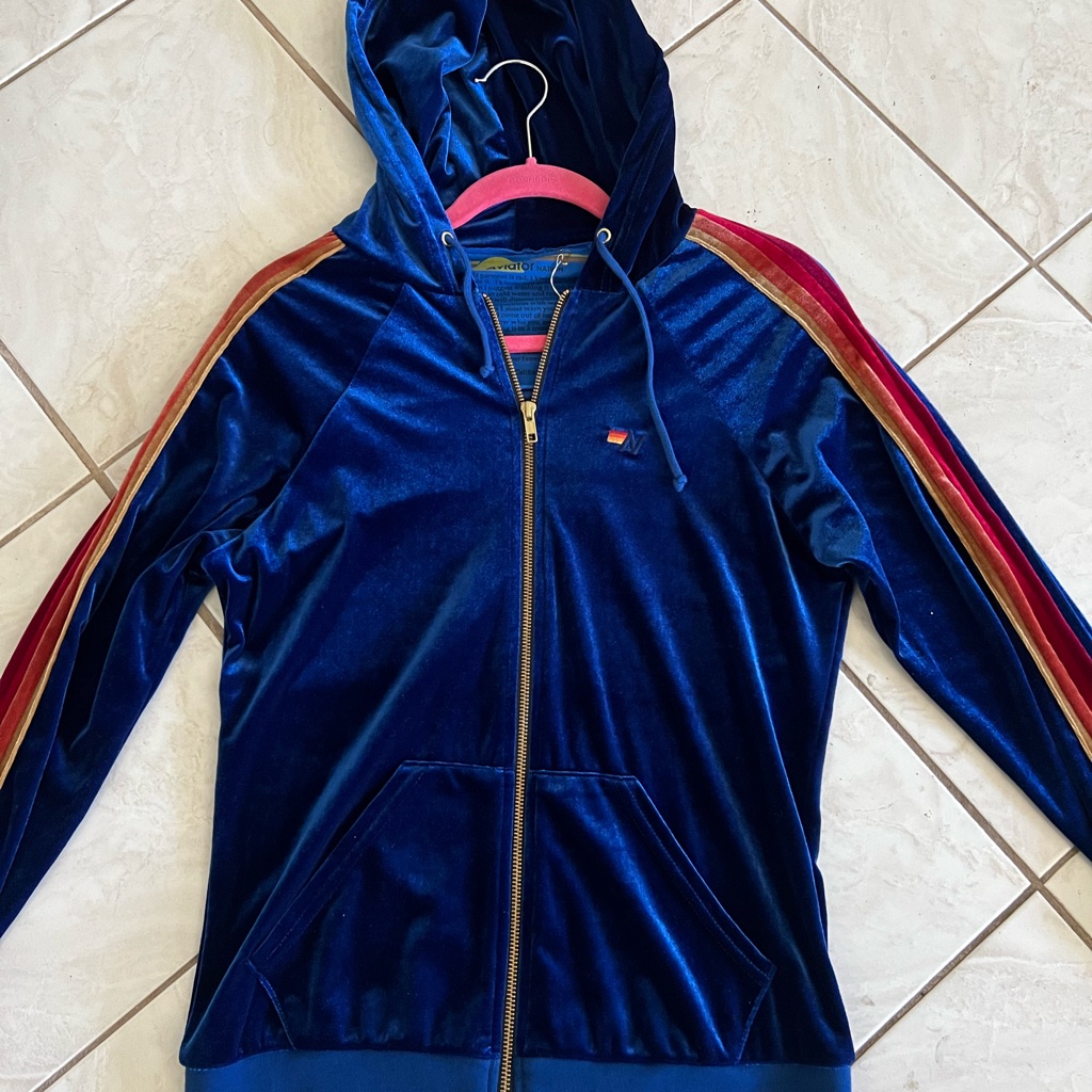 Aviator Nation Navy Blue Velvet Rainbow Stripped Hoodie Zip-Up